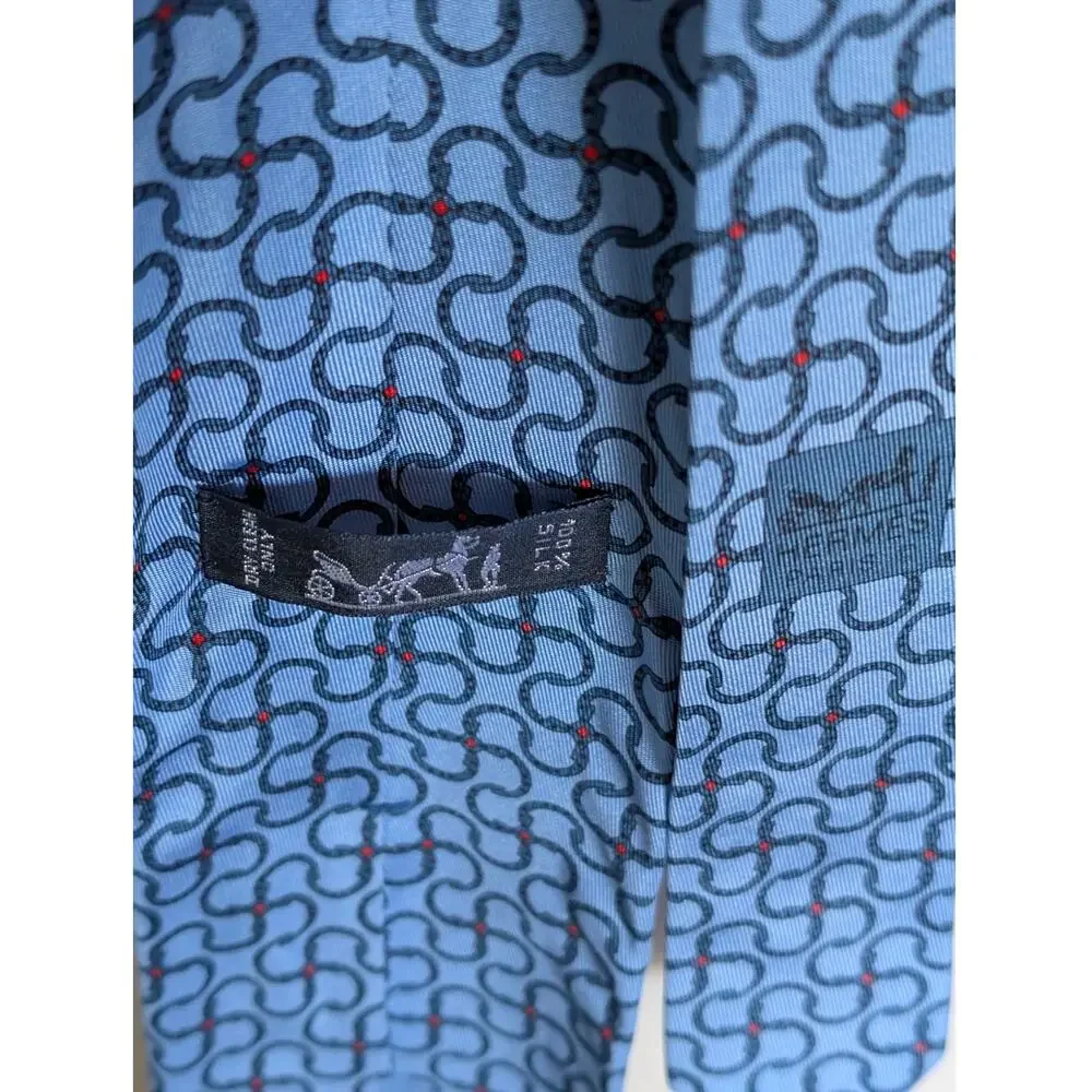 Vintage Hermès 100% Silk Men's Blue Tie With Geometric Chain Link Pattern